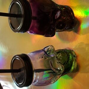 2 skeleton glass jar cups